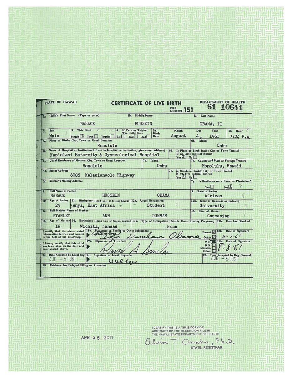 Barry Soetero's
 Certificate of Live Birth